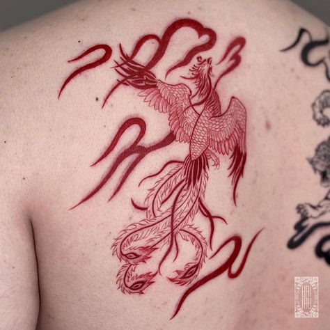 Korean Shoulder Tattoo, White Ink Phoenix Tattoo, Japanese Phoenix Drawing, Pheonix Tattoo Chinese, Phoenix Tattoo Asian, Phoenix Red Tattoo, Asian Fire Tattoo, Phoenix Az Tattoo, Red Ink Phoenix Tattoo