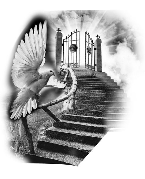 Staircase To Heaven Tattoo Design, Sister In Heaven Tattoo, Stairway To Heaven Tattoo Design, Heavens Gates Tattoo Design, Gates Tattoo, Gates Of Heaven Tattoo, Stairway To Heaven Tattoo, Tattoos For Siblings, Matching Tattoos For Siblings