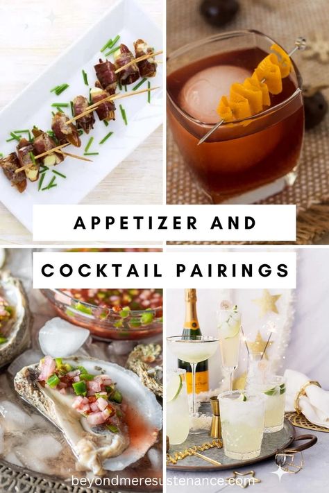 Have you ever really wanted to serve a cocktail with hors d'oeuvres, but chickened out and stayed with the predictable wine or beer? I have put together a collection of 11 Festive Holiday Cocktail and Appetizer Pairings to inspire you, and included tips for coming up with your own perfect pairings. #BeyondMereSustenance #AppetizerCocktailPairings #Entertaining #Holiday #Appetizers #Cocktails Cocktail Appetizer Pairings, Cocktail And Appetizer Party, Dinner And Cocktail Pairings, Food And Cocktail Pairings, Cocktail Pairing, Cocktail And Appetizer Pairings, Charcuterie Cocktail Pairing, Mojito Appetizer Pairing, Appetizer Cocktail Pairing