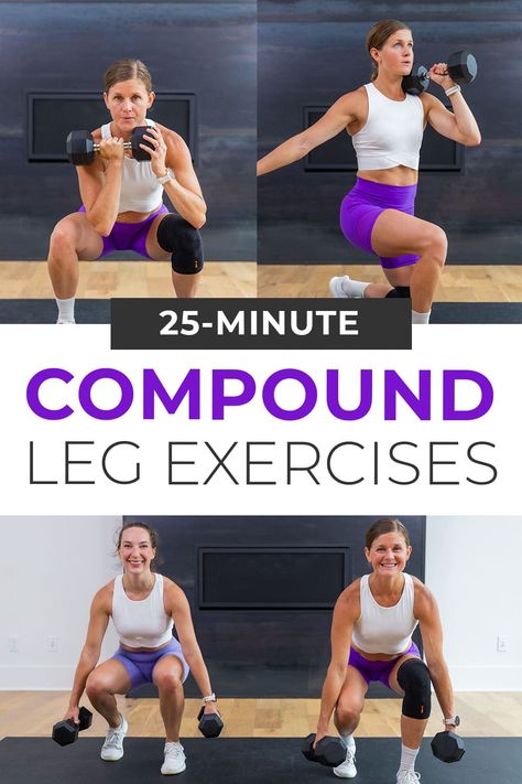 Build strong legs at home with this efficient compound leg workout. The best compound leg exercises target multiple lower body muscles at once, including the quads, hamstrings, glutes, calves and thighs. Compound leg exercises allow you to lift heavier weights and recruit more muscle fibers, leading to greater muscle growth. Compound Leg Workout Gym, Leg Compound Exercises, Functional Leg Exercises, Compound Leg Exercises, 25 Minute Workout, 20 Min Workout, Gym Workout Guide, Best Leg Workout, Lower Body Muscles