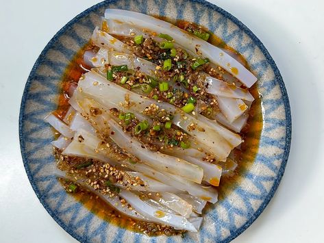 Sichuan Jelly Noodles (Liang Fen) - by Xueci Cheng Jelly Noodles, Small Appetizers, Cold Noodles, Sichuan Pepper, Mung Bean, Chili Oil, Chili Flakes, Garlic Sauce, Cucumber Salad