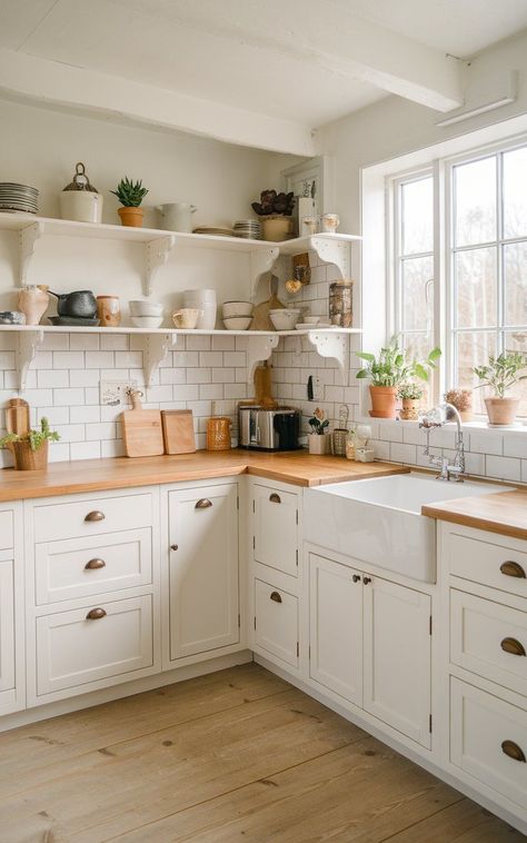 Add vintage-inspired touches to your small cottage kitchen with cottage kitchen shelves, simple decor, and rustic accessories that make your space fee... Small Cottage Kitchen Ideas, Cottage Kitchen Shelves, Rustic Cottage Kitchens, Modern Cottagecore, Rustic Accessories, Small Cottage Kitchen, Small Kitchen Layouts, Classic Cottage, Cottage Kitchens