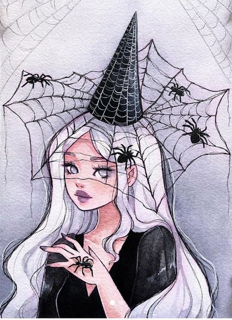 Witchy Artwork, Spider Witch, Spider Illustration, Witch Drawing, Fairy Drawings, White Blonde Hair, Spider Art, Fairy Artwork, Blue Fairy