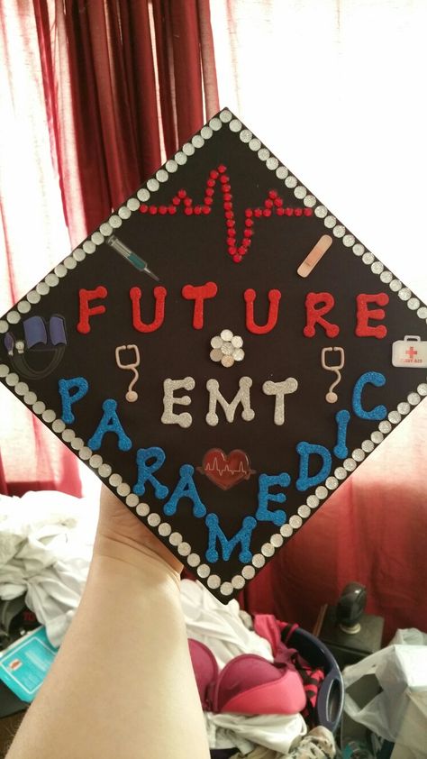 EMT/Paramedic graduation cap Senior Picture Ideas Emt, Ems Graduation Cap, Emt Cap Decoration, Paramedic Graduation Pictures, Emt Graduation Party, Paramedic Graduation Cap, Emt Graduation Caps, Emergency Nurse Graduation Cap, Emt Graduation