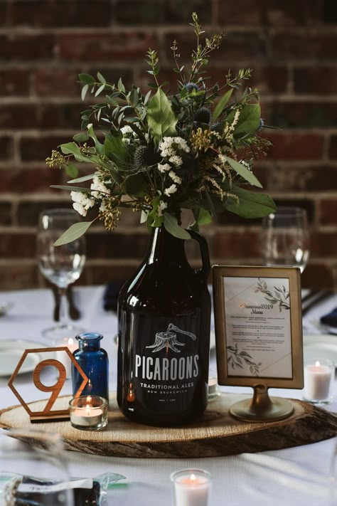 Brewery Centerpieces, Brewery Welcome Party, Whiskey Bottle Centerpiece, Growler Centerpiece Wedding, Bottle Centrepiece, Growler Centerpiece, Masculine Party, Bourbon Wedding, Jamaican Party