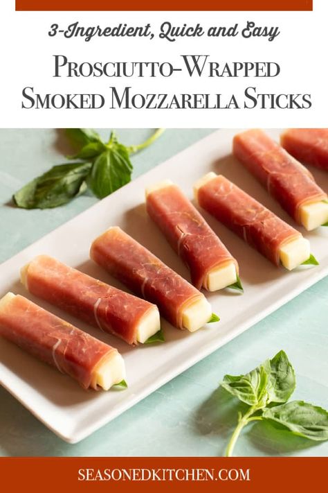 Prosciutto-Wrapped Mozzarella Sticks are a quick and easy, 3-ingredient appetizer! #easyappetizer #twobiteappetizerrecipe #quickandseasyappetizer #makeaheadappetizer Basil Vinaigrette Dressing, Prosciutto Roll, Prosciutto Appetizer, Hummus Appetizers, Mozzarella Appetizers, Lemon Basil Vinaigrette, Football Recipes, Easy Picnic Food, Holiday Entertaining Food