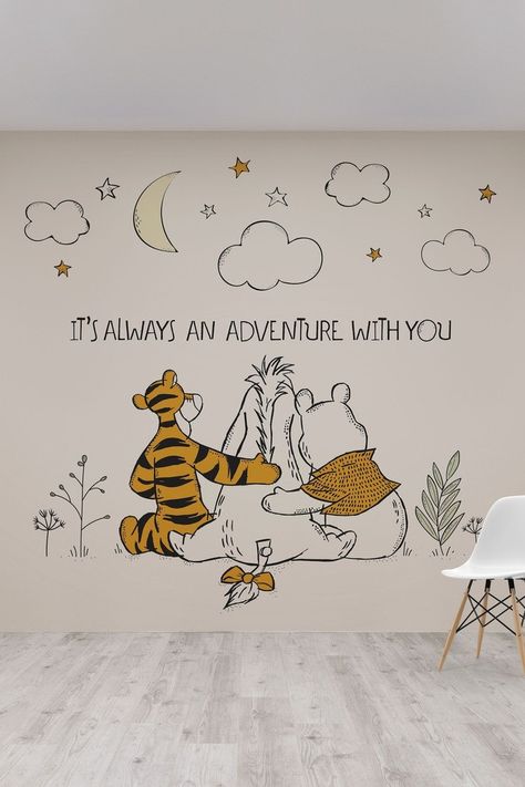 This beautiful Winnie The Pooh and Friends Mural featuring Tigger and Eeyore would make a soothing and tranquil backdrop to a child s bedroom or playroom. The mural measures 300 cm wide by 280 cm tall. Quick and Easy Paste The Wall application method. Comes in one easy to use roll (1 roll = 1 mural). Supplied with a set of easy-to-follow hanging instructions. Easy to remove, simply peels off in one strip (no scraper or steamer required).  100% Paper. Disney Baby Rooms, Baby Nursery Inspiration, Winnie The Pooh Themes, Winnie The Pooh Nursery, Baby Room Themes, Baby Zimmer, Nursery Room Design, Baby Room Inspiration, Baby Boy Room Nursery