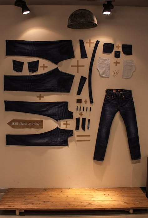 Easy denim equation at Blue Jeans Company in Hornstull, Stockholm Denim Store Design, Jeans Display, Running Shoes With Jeans, Sneakers With Jeans, Denim Display, Denim Studio, Store Jeans, How To Wear Sneakers, Sewing Room Design