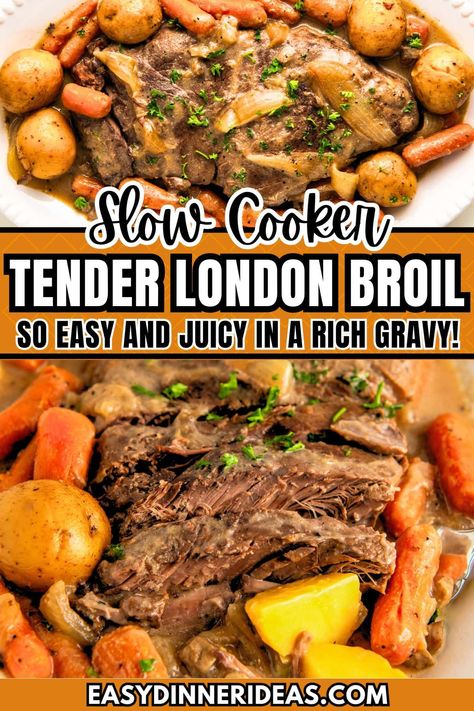 This dump and go crock pot London Broil is an easy and delicious all-in-one pot dinner. Hearty and oh-so-tender beef is slow cooked in a rich, savory brown gravy with potatoes and carrots. This slow cooker loading broil is the perfect easy dinner idea for busy weeknights! London Broil Crock Pot Recipe, Crock Pot London Broil, Crockpot London Broil, Beef Stew Crock, Cooking London Broil, London Broil Recipes, Pot Roast Crock Pot Recipes, Potatoes And Carrots, London Broil