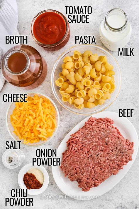 Whip up a quick and cozy dinner with one-pot homemade Hamburger Helper! In this easy-to-make comfort dish, seasoned ground beef, pasta, and a rich cheesy sauce come together in a single pot for a delicious meal that's both satisfying and fuss-free. Say goodbye to the box and hello to a homemade version that's sure to become a family favorite. #hamburgerhelper #homemade #onepot #spendwithpennies Hamburger Helper Spaghetti, Quick Hamburger Meat Recipes Ground Beef Easy Dinners, Hamburger Helper Homemade Easy, Homemade Hamburger Helper Easy, Easy Homemade Hamburger Helper, Ground Beef Tomato Sauce, Hamburger Helper Homemade, Hamburger Meat Recipes Ground, Hamburger Meat Recipes Easy