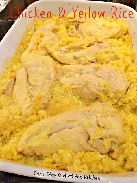 Baked Chicken And Yellow Rice Recipe, Vigo Yellow Rice Recipe, Chicken And Yellow Rice Casserole, Easy Chicken And Yellow Rice Recipe, Yellow Rice Casserole, Chicken And Yellow Rice, Rice In The Oven, Yellow Rice Recipes, Kitchen Yellow