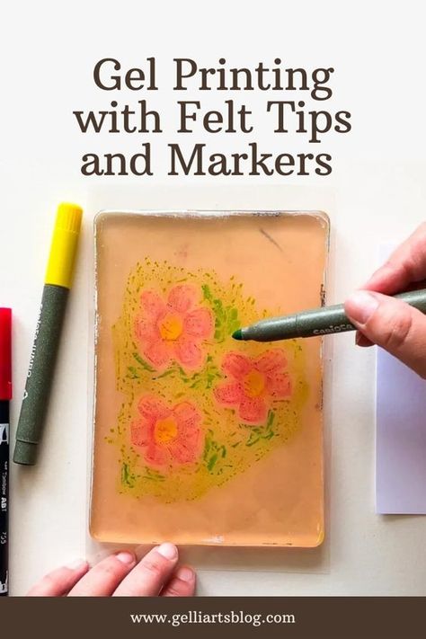 Felt tip pens and paint markers are the perfect tool to add to your travel gel printing kit this summer! Felt tip pens can be used to draw, color and doodle with. And because the ink is water-soluble, you can use them as watercolours too. The ink in felt tip pens is similar to the ink in dye ink pads. If you are open to embracing the imperfections and ready to experiment a bit, you'll find that they are a lot of fun to work with on the gel plate. Felt tip pens come in a variety of price ranges and you can use whichever kind you have at home. Click to find the video tutorial on our blog!  #gelliarts #gelplate #printingplate #monoprinting #printmaking #gelprinting #gelliplate Gel Pad Printing, Gel Plate Printing Tutorials, Gel Plate Printing Ideas, Monoprinting Techniques, Gelli Printing Tutorials, Gelli Printing Techniques, Gel Prints, Gel Pen Art, Felt Tip Pens