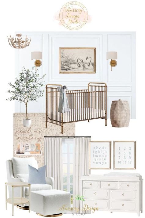 Nursery With Metal Crib, Organic Neutral Nursery, Delicate Nursery Ideas, Nursery Board Ideas, French Farmhouse Nursery, Gold Crib Nursery Ideas, French Country Nursery Gender Neutral, Traditional Gender Neutral Nursery, Dark Wood Nursery Ideas