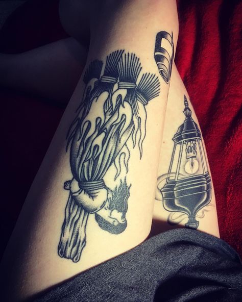 Leg tattoo, witch tattoo, lamp tattoo, tattoos Woman Burning At Stake Tattoo, Witch At The Stake Tattoo, Burning At The Stake Tattoo, Burning Book Tattoo, Witch Burning Tattoo, Stake Tattoo, Burning Witch Tattoo, Burning At The Stake, Witch Burning