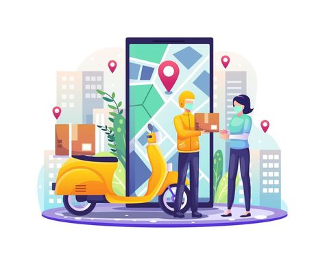 Online delivery services concept with delivery man courier and scooter deliver a parcel to customer vector illustration Online Delivery, Image 3d, Delivery Man, Delivery Service, Vector Art, Vector Free, Vector Illustration, Royalty Free, Clip Art