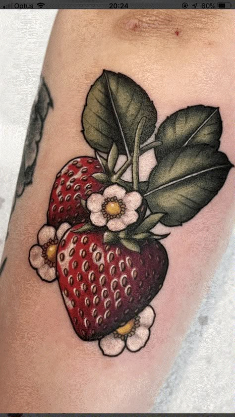 150+ Best Strawberry Tattoos With Meaning for Men and Women (2023) - TattoosBoyGirl Neotrad Strawberry Tattoo, Neotraditional Color Tattoo, Strawberry Tattoo Neotraditional, Color Strawberry Tattoo, Fruit Tattoo Sleeve, Traditional Strawberry Tattoo, Strawberry Tattoo Design, Strawberries Tattoo, Fruit Tattoo Ideas