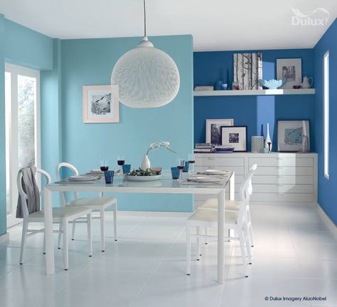 Here we see how a two tone blue room can be so effective #paint #interior #decor Bedroom Turquoise, Turquoise Kitchen, Turquoise Walls, Comfy Living Room, Open Plan Living Room, Dining Room Colors, Room Paint, Kitchen Colors, Open Plan Living