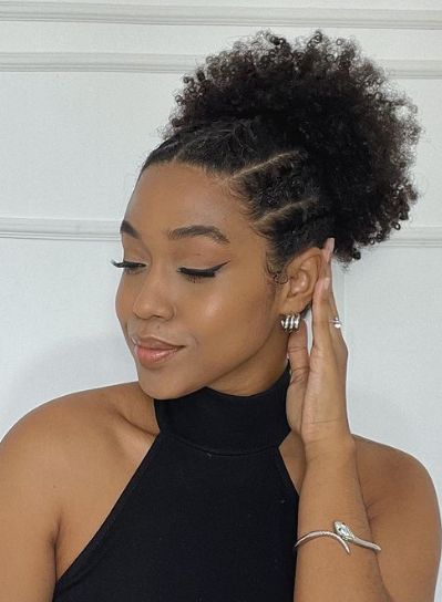 Braided Afro Puff Hairstyle Cornrows And Afro Puffs, Cornrow Afro Puff, Afro Puff Drawstring Ponytail Hairstyles, Afro Puff Hairstyles 4c Natural Hair, Braided Afro Puff Hairstyles, Braided Afro Puff, Afro Puff Hairstyles Black Women, Cornrow Puff, Braided Puff Natural Hair