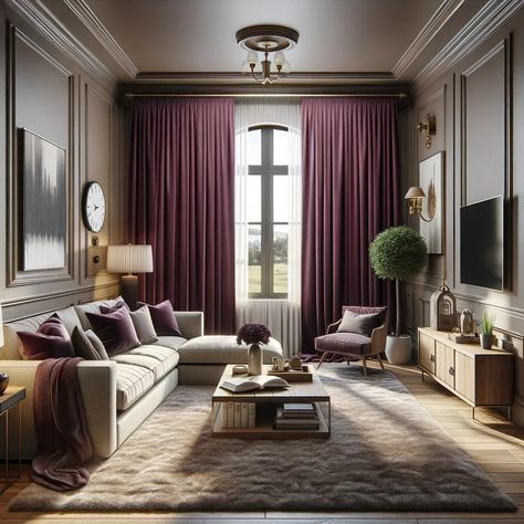 17 Stunning Curtain Colors for the Perfect Taupe Wall Pairing Plum Taupe Behr, Plum Curtains Living Rooms, Coloured Curtains, Taupe Window Curtains, Muted Purple Curtains, Plum Curtains, Mauve Purple Velvet Curtain, Olive Green Curtains, Burnt Orange Curtains