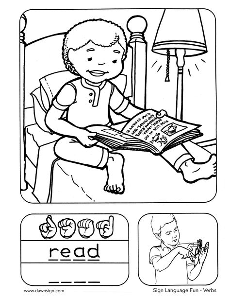 Color this fun printable that includes the sign, fingerspelling, and an image for the word "Read". #ASL #AmericanSignLanguage #ASLforKids #ASLColoringPages #SignLanguageFun #ASLPrintables Asl Coloring Pages Free Printable, Asl Coloring Pages, Mentor Activities, Sign Language Worksheets, Classroom Sign Language, Asl Activities, Asl Worksheets, Asl Colors, Word Puzzles Printable