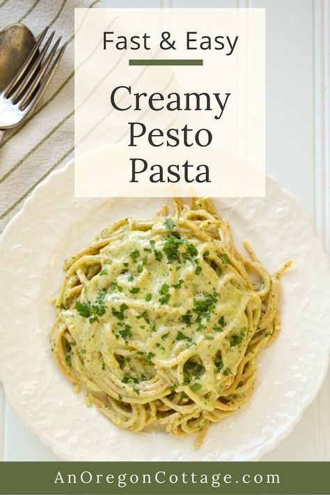 Add this creamy pesto pasta to your recipes the whole family loves - and you love because it's quick and easy made with whole food pantry ingredients. Serve with a salad - adding chicken or shrimp, or not - and you've got an easy dinner for any weeknight. Pasta Sauce Recipes Pesto, Pasta And Pesto Recipes Easy Dinners, Pesto Recipes Dinner Pasta, Spaghetti With Pesto Sauce, Basil Pesto Shrimp Pasta, Pasta With Pesto And Chicken, Easy Pasta Sauce Recipes Few Ingredients, Easy Creamy Pesto Sauce, Creamy Basil Pesto Sauce