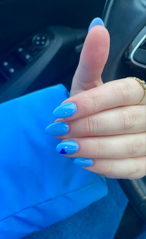 Almost Nail Ideas, April Almond Nails Ideas, January Nail Designs Almond Shape, Almond Shaped Nails Designs Blue, Small Almond Nail Ideas, May Nails Ideas Almond, Almond Nails Trendy Blue, Easy Short Almond Nail Designs, Almond Nails For Birthday