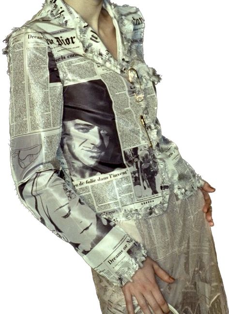 John Galliano newspaper newsprint suit Dior Newspaper, Guilded Glamour, Newspaper Outfit, News Paper Dress, John Galliano Newspaper, Galliano Newspaper, Newspaper Fashion, Newspaper Print, Paper Dress