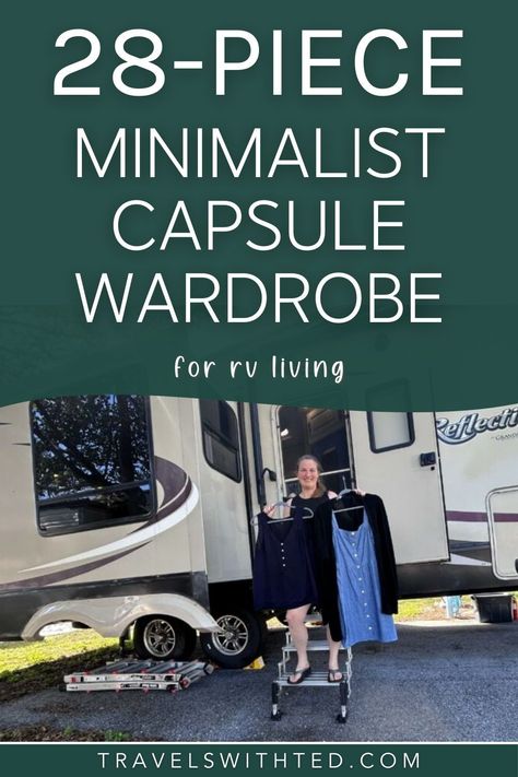 Living in an RV is amazing for so many reasons–freedom and adventure, just to name a few. However, this nomadic lifestyle also comes with its own set of challenges, especially when it comes to storage space.  As we plan to downsize from a large fifth wheel to a compact travel trailer, I’ve had to radically rethink and pare down my wardrobe.  The solution? A minimalist capsule wardrobe. This simple clothing collection not only fits my limited space but also covers all my needs. Vanlife Capsule Wardrobe, Capsule Wardrobe For Rv Living, Camping Wardrobe Capsule, Rv Capsule Wardrobe, Van Life Capsule Wardrobe, Van Life Wardrobe, Vanlife Wardrobe, Camping Capsule Wardrobe, Rv Outfits