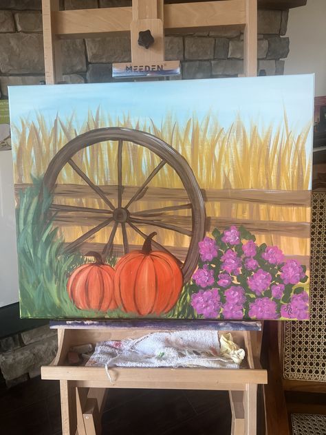 Painting Ideas On Canvas Farmhouse, Fall Scenes With Pumpkins, Fall Paintings Ideas, Fall Paint Ideas, Diy Fall Canvas, Canvas Painting Ideas Fall, Easy Farm Paintings, Fall Window Painting Ideas, Autumn Painting Acrylic Easy