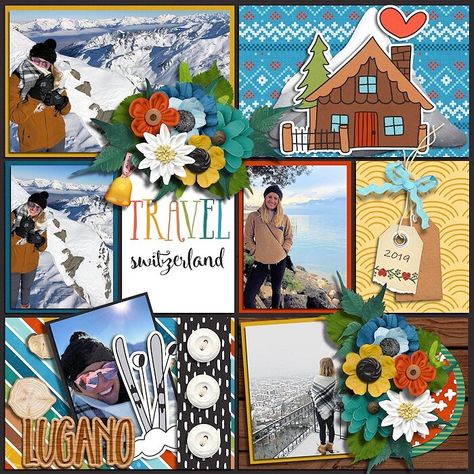 Switzerland Scrapbook Ideas, Switzerland Scrapbook, Europe Travel Scrapbook Pages, Europe Scrapbook Layouts, Iceland Scrapbook Layouts, Splash Mountain Scrapbook Layouts, Travel Switzerland, Pocket Pages, Switzerland Travel