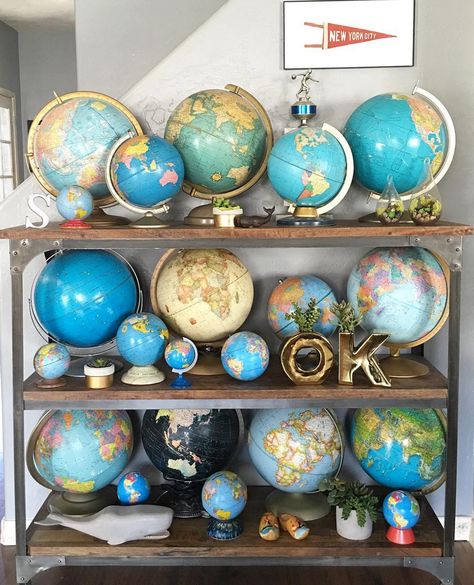 Globe goals! (via @courtneysnowden's IG) Globe Collection, Joy Cho, Nice Homes, Coffee Room, Wooden Rocking Horse, Flea Market Decorating, Smart Tiles, World Globes, Globe Decor