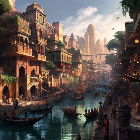 Fantasy Canal City, Fantasy River City, Fantasy Docks, Port Nyanzaru, Fantasy Ocs, Building Reference, Fantasy Cities, Pillars Of Eternity, Fantasy Architecture