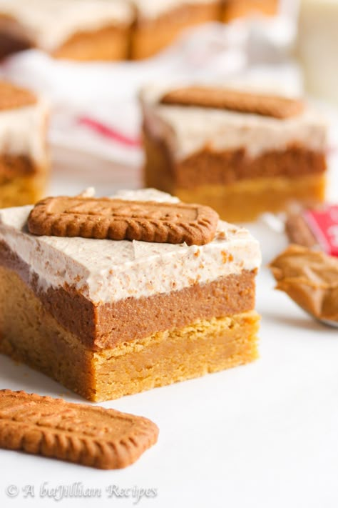 Triple Biscoff Blondies - A baJillian Recipes Biscoff Blondies, Biscoff Cookie Recipe, Truffle Filling, Creamy Vanilla Frosting, Baking Bad, Biscoff Recipes, Biscoff Cake, Plain Cookies, Biscoff Cookie Butter