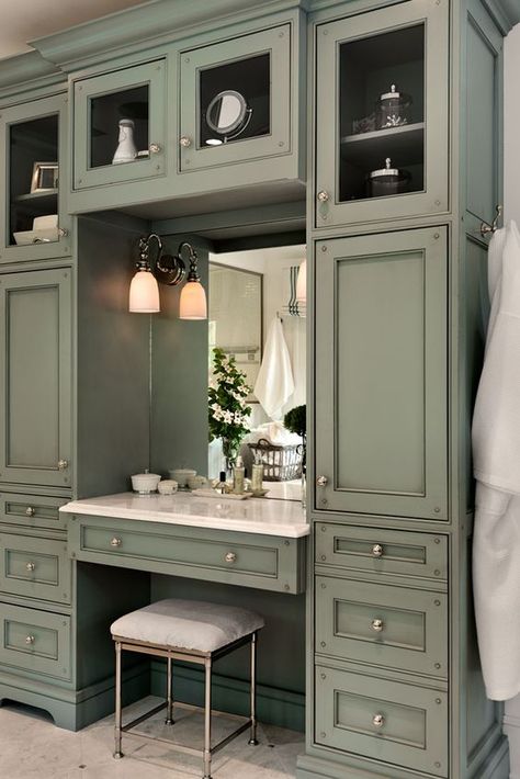 Master Make Up Vanity, Bathroom Vanity Makeup Station Farmhouse, Make Up Area In Bathroom Makeup Vanities, Make Up Vanity Bedroom, Makeup Vanity In Master Bath, Wardrobe Vanity Built In, Master Bath Vanity With Makeup Area, Storage Master Bath, Built In Vanity In Bedroom