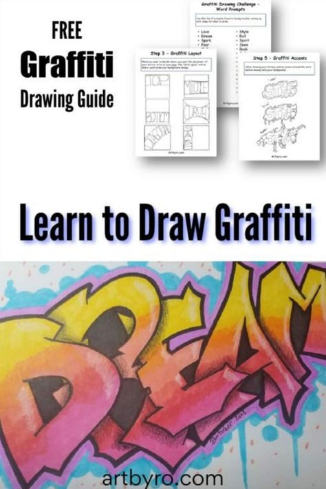 Learn how to create graffiti drawings. Easy beginner drawing lesson with free printable graffiti guide. Step by step art tutorial with pictures. #freebie #printable Graffiti Art Classroom, Graffiti Art Lesson Middle School, Graffiti Name Art Lesson, How To Create A Graffiti Tag, How To Draw Graffiti Step By Step, Graffiti Art Project, Graffiti How To, Graffiti Images Artworks, Graffiti Easy Drawings