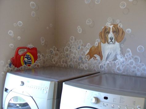 Great laundry room idea!! But with pictures of my dogs! Animal Shelter Wall Murals, Laundry Room Mural, Laundry Room Idea, Laundry Makeover, Laundry Nook, Vet Office, Dog Grooming Shop, Kennel Ideas, Dog Grooming Salons