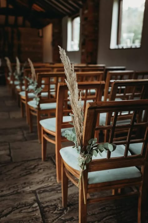 Pampas Chair Decoration, End Of Chair Wedding Decor, Pampas Grass Chair Decor Wedding, Pampas Grass Pew Ends, Boho Wedding Chair Decor, Rustic Isle Decorations, Pampas Decoration Wedding, Boho Pew Decorations Wedding, Cat Tail Wedding Decor