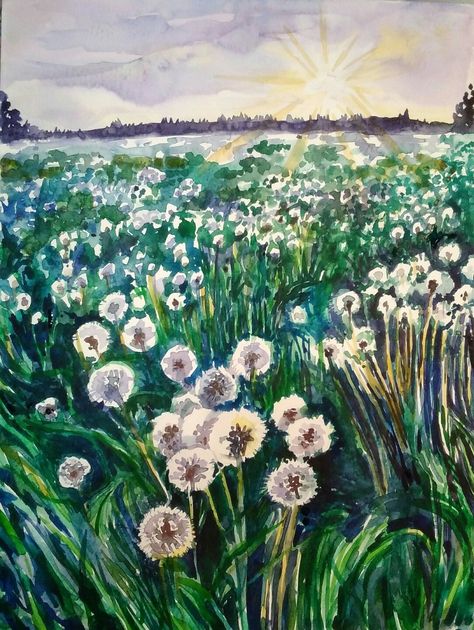 Dandelion field Dandelion Field Drawing, Dandelion Field Painting, Field Of Dandelions Drawing, Dandelion Aesthetic Drawing, Dandelion Aesthetic Art, Field Of Dandelions, Birthday Drawings, Wind Drawing, Dandelion Drawing