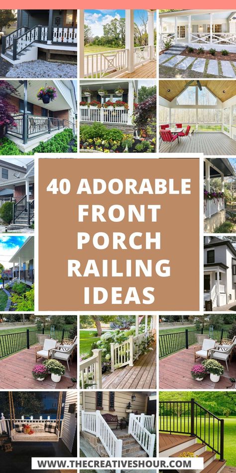 From charming farmhouse designs to modern aesthetics, explore various front porch railing ideas. Whether you're seeking wood, wrought iron, or holiday-inspired Christmas railing, find the perfect touch to enhance your brick house's curb appeal. Porch Handrail Ideas Front Steps, Easy Front Porch Railing Ideas, Vintage Porch Railing, Traditional Porch Railing, Update Porch Railing, Railing Ideas For Front Porch, Front Porch Post And Railing Ideas, Small Front Porch Railing Ideas Craftsman Style, Porch Rails Ideas Farmhouse