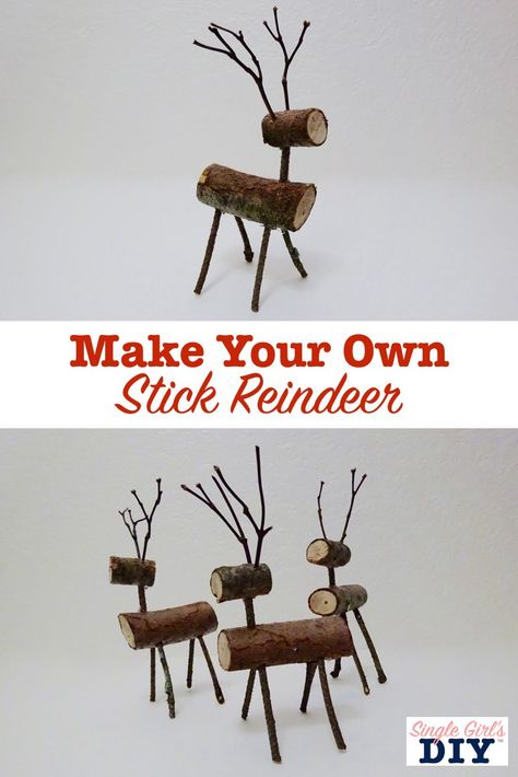 Looking for homemade Christmas craft ideas? Get step by step instructions to make these fun (and free!) DIY stick reindeer decorations with things you already have around the house. #Christmascrafts #diygiftideas #diyChristmasdecorations #makeyourown #holidaycrafts #Christmas #reindeer #stickcrafts Wooden Deer Christmas Diy Wood, Wood Reindeer Diy, Stick Reindeer, Raindeer Crafts, Rustic Reindeer, Diy Christmas Reindeer, Reindeer Diy, Homemade Christmas Crafts, Wood Reindeer