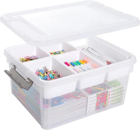 The storage box has 5 partition trays that can be placed or taken out according to your purpose and type. The removable tray keeps some of your smaller items neat and organized, and the extra depth allows for larger, bulkier supplies; Craft Storage Box, Arts And Crafts Storage, Clear Storage, Plastic Storage Box, Kids Art Supplies, Storage Bins With Lids, Office Supply Organization, Plastic Container Storage, Plastic Storage Bins