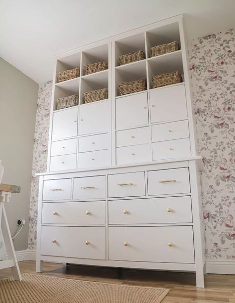 DIY Faux Built In Storage Wall, Ikea Hemnes And Kallax Hack - Dainty Dress Diaries Ikea Hemnes Sideboard, Built In Storage Wall, Hemnes Sideboard, Ikea Office Storage, Diy Wall Unit, Benjamin Moore Pale Oak, Ikea Units, Kallax Hack, Ikea Built In