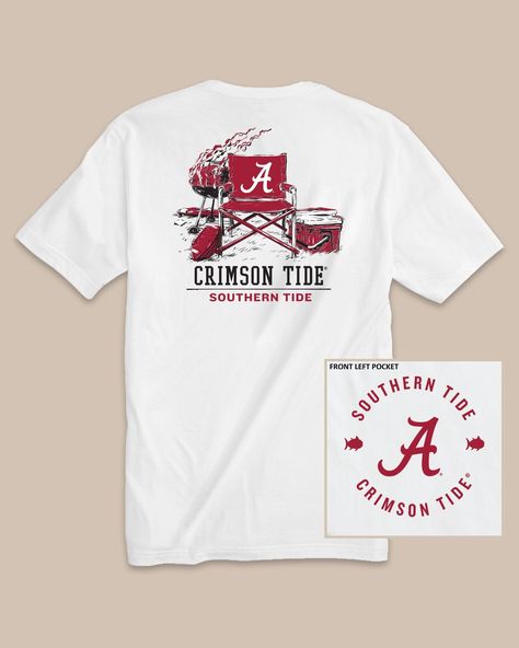 The back view of the Alabama Crimson Tide Gameday BBQ Tailgate T-Shirt by Southern Tide - Classic White Summer Sports Fan T-shirt For Fan Merchandise, Summer Sports Fan Merchandise T-shirt, Team Spirit Short Sleeve T-shirt For Tailgating, Sports Fan T-shirt With Team Name For Tailgating, Summer Game Day T-shirt With Team Name, Team Name T-shirt For Game Day In Summer, Pre-shrunk Crew Neck T-shirt For Tailgating, Gameday Food, Father Son Outfits