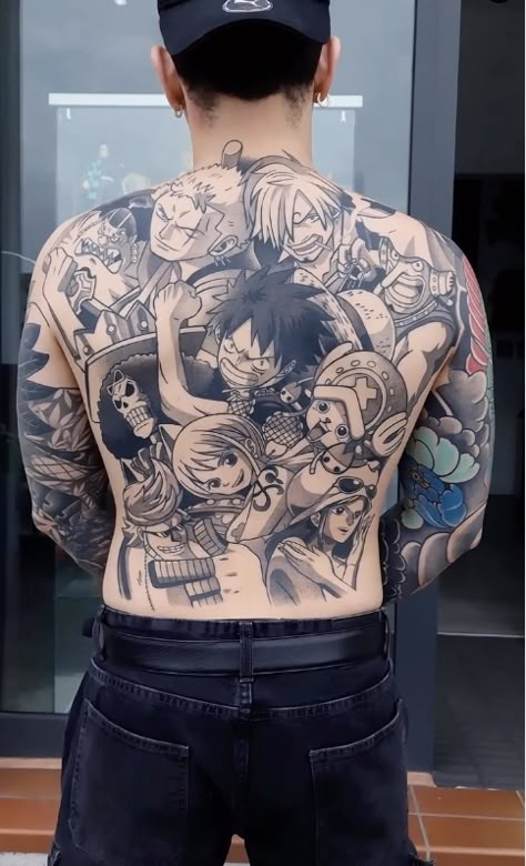 One Piece Back Tattoo, Bite Mark Tattoo, Tattoo Front, Dragon Hand Tattoo, Whole Tattoo, Cartoon Tattoo Ideas, Bite Mark, Tattoo Cartoon, Strawhat Crew