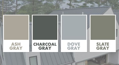 Gray metal roofing color Metal Roof Cottage House, Grey Roofs House Colors, Grey House Metal Roof, Dark Metal Roof Houses, Light Gray Metal Roof Houses, White House Gray Metal Roof, Light Colored Metal Roof, Dark Grey Metal Roof, Exterior Paint Colors For House With Silver Metal Roof