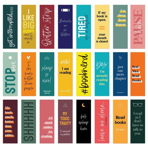 PRICES MAY VARY. Includes: Pack of 24 paper bookmarks. Size: Convenient 2" x 6" flat bookmarks. Modern Designs: 24 different snarky designs that pop with vibrant, bold colors showcasing unique typography. Pack contains 1 bookmark of each design. Funny quotes for book lovers. Printed in full color on one side of high quality cardstock. Perfect for: These colorful bookmarks with sarcastic quotes are useful for anyone who loves to read, journal, use notebooks, textbooks, magazines, novels, or write Quotes For A Bookmark, Bookmark Design With Quotes, Book Bookmark Design, Book Quote Bookmarks, Sayings For Bookmarks, Unique Bookmark Design, Bookmark Phrases, Funny Bookmarks Diy, Bookmark Ideas Aesthetic Qoutes