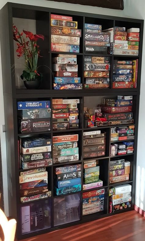 House Game Room Ideas, Board Game Library, Board Games Shelf, Cozy Board Game Room, Board Game Bookshelf, Boardgame Room Idea, Board Game Closet, Board Game Cabinet, Boardgame Storage How To Organize