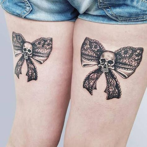 Bow Tattoo Thigh, Lace Thigh Tattoos, Lace Garter Tattoos, Decorative Symbols, Thigh Garter Tattoo, Lace Bow Tattoos, Back Of Thigh Tattoo, Bow Tattoos, Bow Tattoo Designs