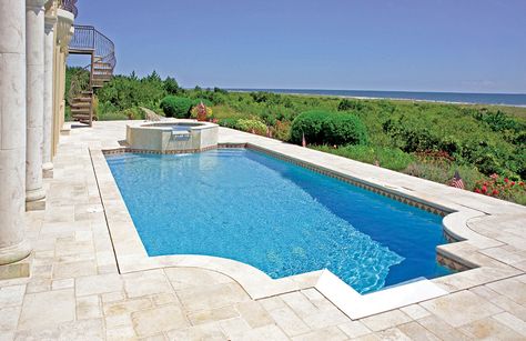 roman-grecian-pool-290-bhps Pool With Retaining Wall, Grecian Pool, Pool Decor Ideas, Blue Haven Pools, Roman Pool, Pool Nets, Inground Pool Ideas, Swimming Pool Pictures, Inground Pool Landscaping