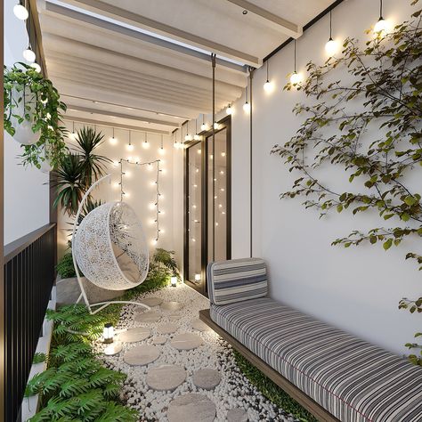 BALCONY GARDEN on Behance Kpop Apartment, Japandi Balcony, Adu Backyard, Side Wall Design, Courtyard Interior, Japanese Balcony, Terrace House Interior, Pebble Floor, Balcony Flooring